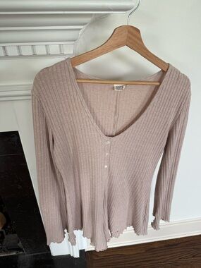 Somedays Lovin Ribbed V-Neck Long Sleeve Romper - Dusty Taupe